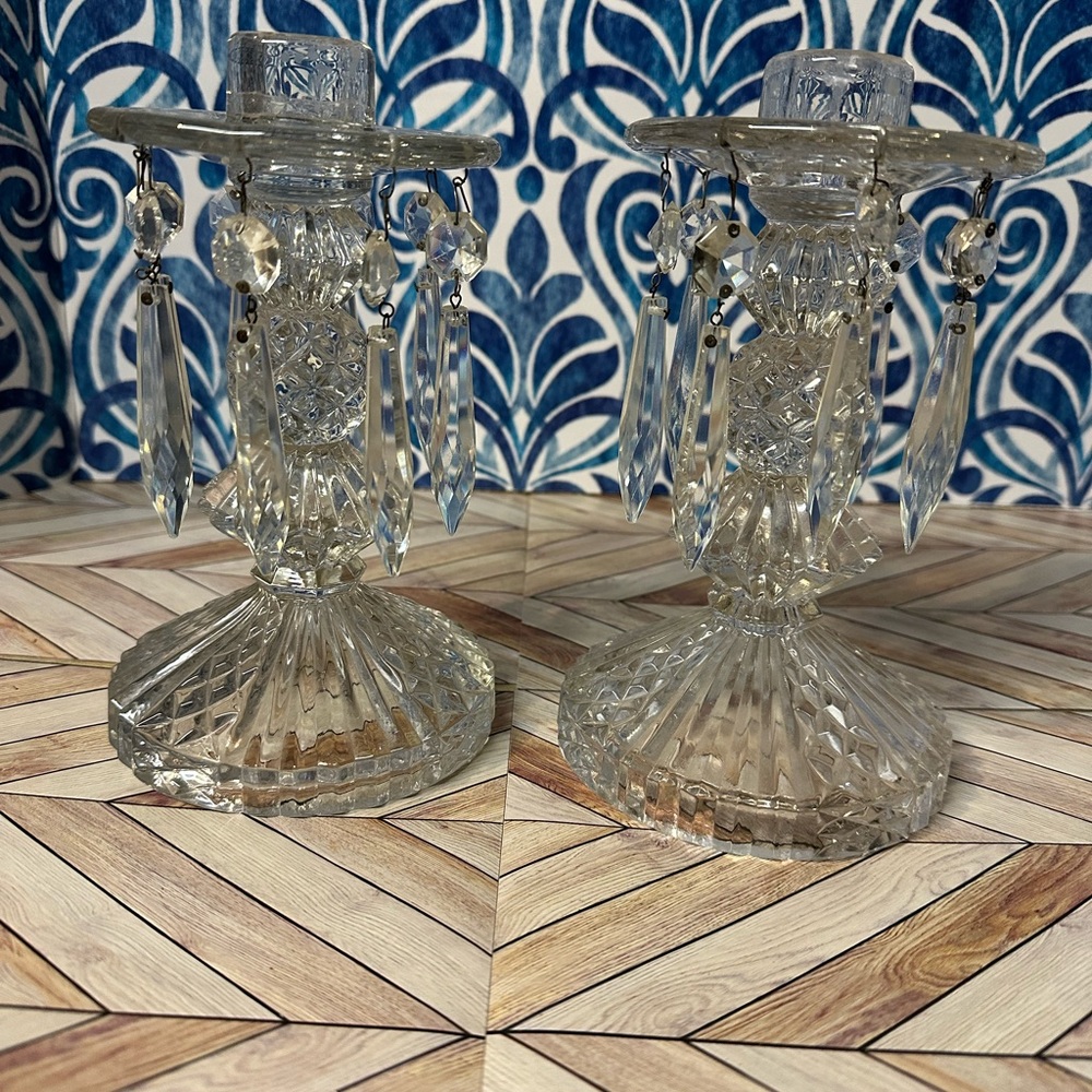 Pair of Clear Glass Taper Candle Holders with Prisms